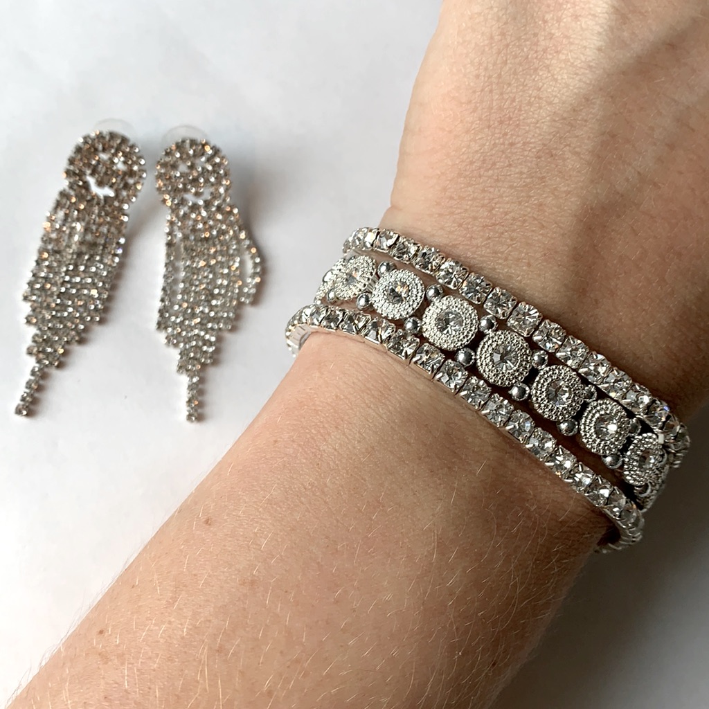 3 Stackable Silver Bracelets + Dangle Earrings